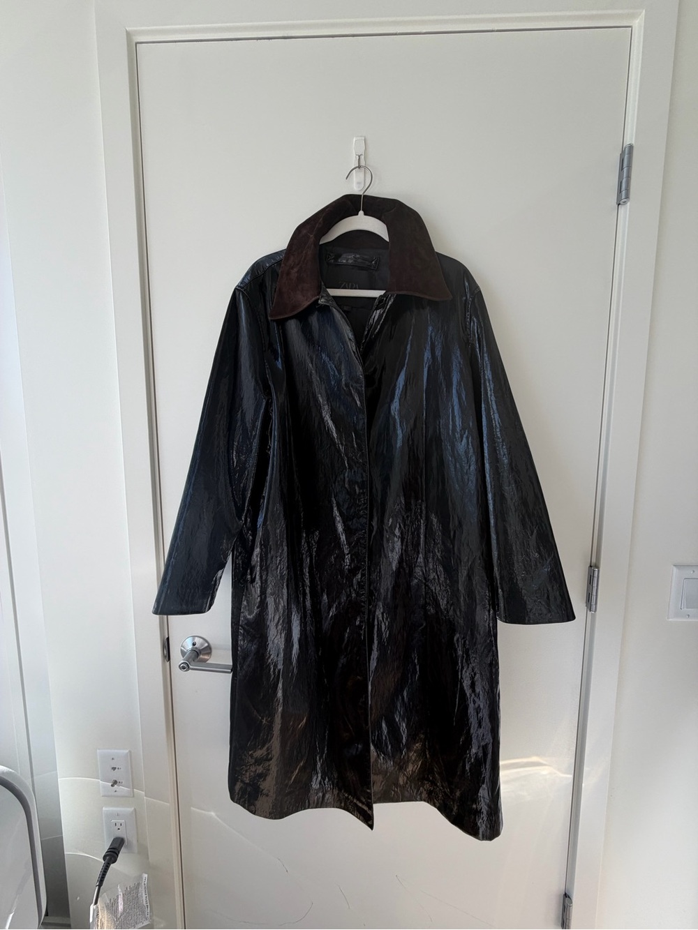 Zara Black Patent Long Trench Coat with Brown Collar